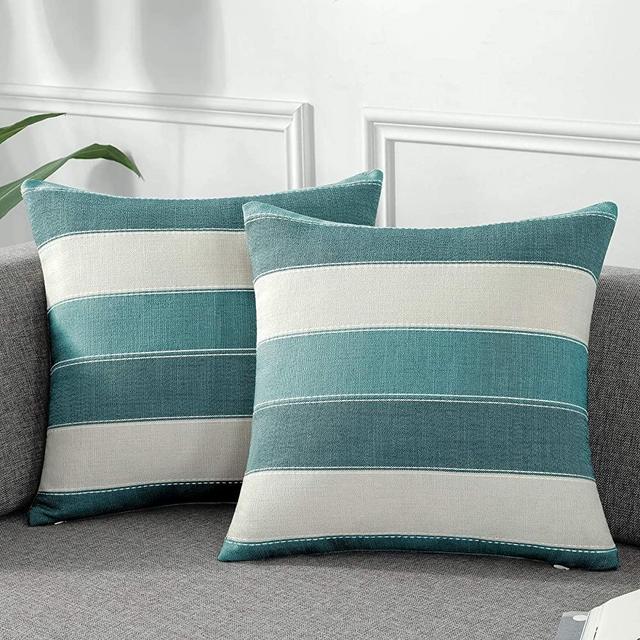 AmHoo Pack of 2 Farmhouse Stripe Check Throw Pillow Covers Set Case Cotton Linen Decorative Pillowcases Cushion Cover for Couch Bench Sofa 18x18Inch Teal Blue