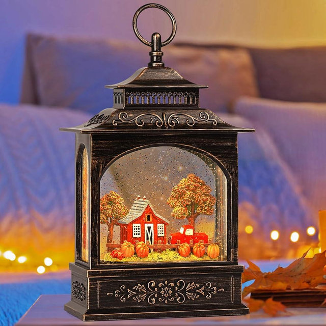 Fall Snow Globe Lantern, 6H Timer Lighted Snow Lantern, Plug-in & Battery Operated Red Truck Snow Globe Thanksgiving Decorations Fall Decor