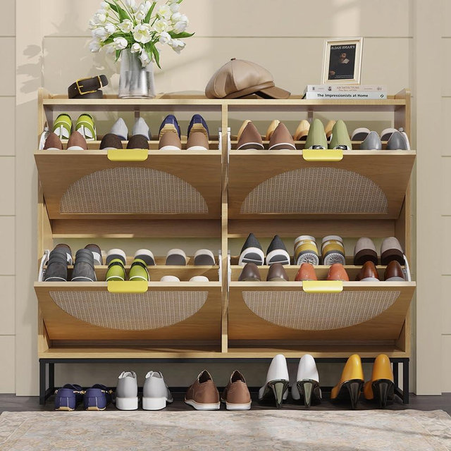 YOCONYO Rattan Shoe Cabinets, Wooden Shoe Storage Cabinet with 4 Flip Drawers, Narrow Shoes Cabinet with Metal Legs for Entryway,Brown