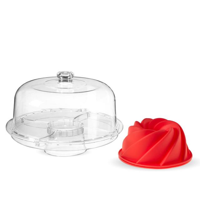 Twine Multi-Functional Acrylic Server with Bundt Cake Mold, Dessert Serving Platter Set, Cake Pan, Cake Stand, Clear Acrylic, Silicone, 4-Piece Set
