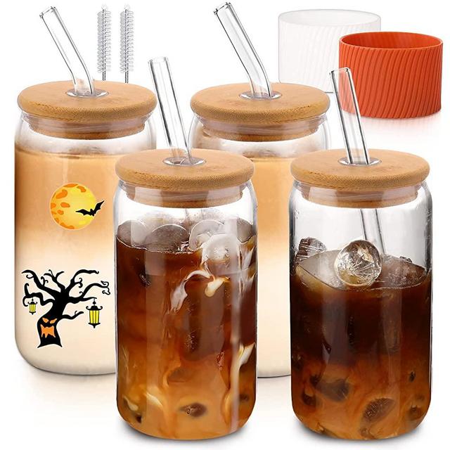 20 oz Glass Cups with Acacia Lids and Glass Straws - 4pcs Set Beer Can Shaped Drinking Glasses, Iced Coffee Glasses, Cute Tumbler Cup for Smoothies