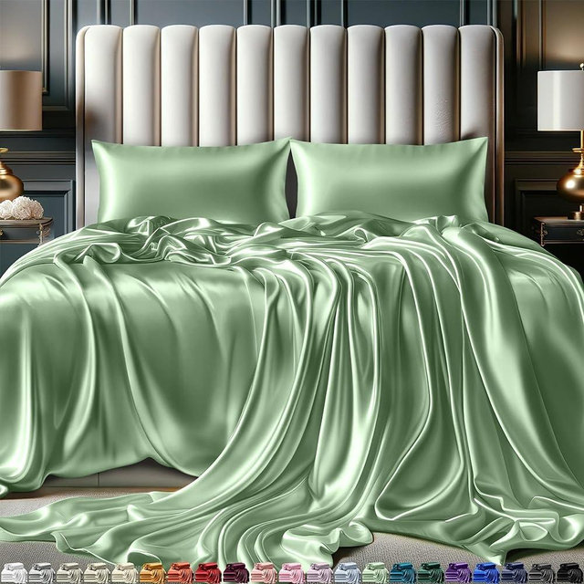 DECOLURE Satin Sheets Queen Size Bed Set 4 Pcs - Elegant Satin Bed Sheets w/ 15 inch Deep Pocket - Hypoallergenic, Double Stitching, Wrinkle Free - Silky & Luxuriously Soft Satin Bedding (Sage Green)
