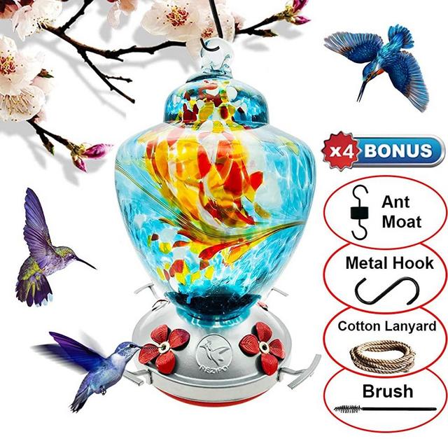 REZIPO Hummingbird Feeder with Perch - Hand Blown Glass - Blue - 38 Fluid Ounces Hummingbird Nectar Capacity Include Hanging Wires and Moat Hook