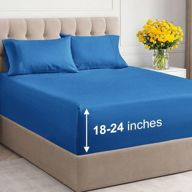 Extra Deep Pocket Cal King Sheets - 4 Piece Breathable & Cooling Bed Sheets - Hotel Luxury Sheet Set - Soft, Wrinkle Free & Comfy - Easily Fits Extra Deep Mattresses - Deep Pocket Royal Blue Sheets