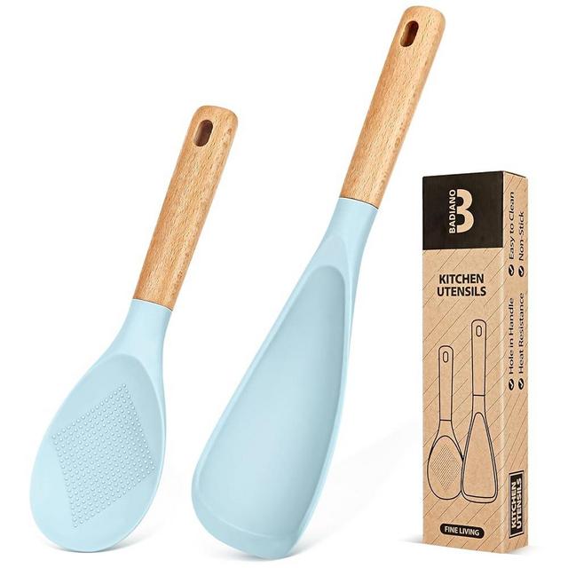 Cooking Spoon and Rice Scooper for Nonstick Cookwares, Great for Cooking and Serving Sturdy BPA-Free Matte Silicone, Wood Handle Spoon for Mixing, Scoop, and Scrape (BLUE)