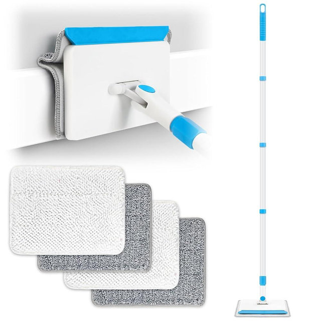 Cleaning Tools for Baseboard, Baseboard Cleaner Tool with Handle, 4 Reusable Cleaning Pads Wall Cleaner for Baseboards Cleaning, Ceiling, Wall, Floor, Shower Bathroom Kitchen