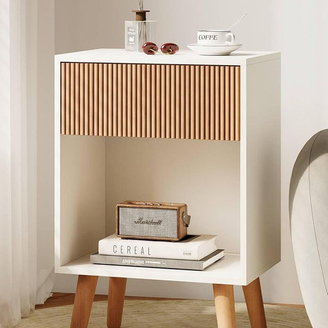 Fluted Nightstand, Modern Bedside Table with Storage Drawers and Open Wood Shelf, Night Stand with Solid Wood Legs, End Tables Side Tables for Living Room, Bedroom