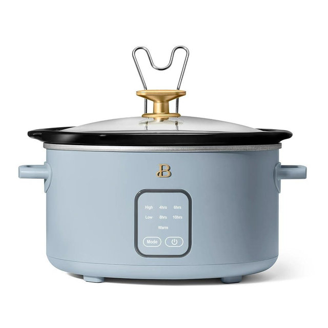Beautiful 4Qt Slow Cooker with Touch-Activated Display, 4 Cooking Presets, Dishwasher-Safe Pot, Tempered Glass Lid, Cool-Touch Handles, Non-Skid Feet, Cornflower Blue Finish, Perfect for Family Meals