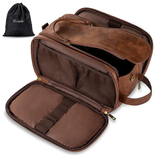 Elviros Toiletry Bag for Men, Large Travel Shaving Dopp Kit Water-resistant Bathroom Toiletries Organizer PU Leather Cosmetic Bags