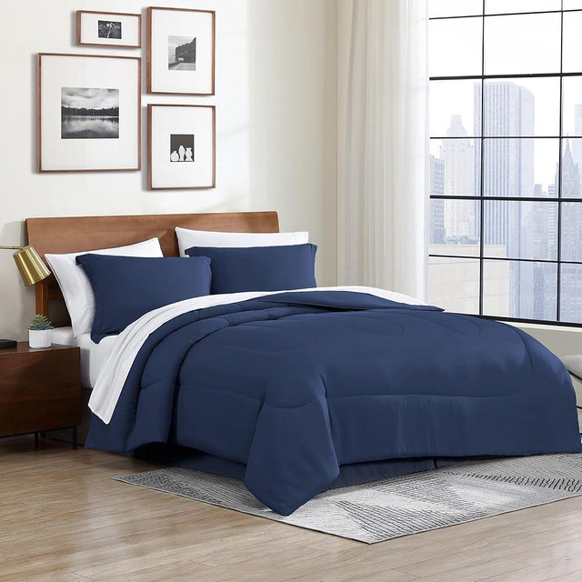 Cathay Home Basic Bedding Home Essential Ultra Soft Lightweight 8PC Wrinkle Resistant Microfiber Bed in a Bag Set (Includes Complete Sheet Set, Comforter Set & Bedskirt) - Full, Indigo