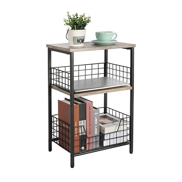 End Table,Industrial Retro Side Table Nightstand Storage Shelf for Living Room Bedroom Kitchen Family and Office,Stable Wood and Metal Frame(Greige & Black)
