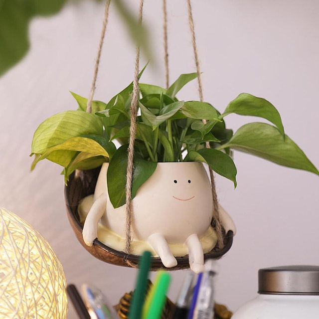 NINIPAPA Hanging Swing Chair Planter Pot Smile Face Plant Pot for Indoor Outdoor Plants Cute Head Flower Pots for Succulent String of Pearls Unique Gift on Mother's Day, Birthday, Christmas