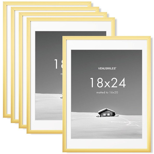 Venusmiles 18x24 inch Picture Frame, 18x24 Photo Frames with 16x20 Removable Mat - High Definition Plexiglass - Vertical and Horizontal Display - Wall Hanging Poster Frame - Gold, 5 Pack