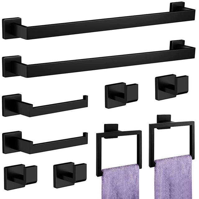 10-Pieces Matte Black Bathroom Accessories Set, 23.6 Inch Bath Towel Bar Set, Stainless Steel Bathroom Hardware Set, Towel Racks for Bathroom Wall Mounted.