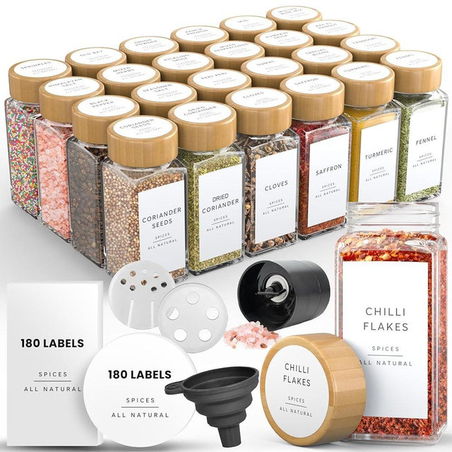 Livabl Glass Spice Jars with 360 Labels -24 pcs- 4oz- Spice Containers with Bamboo Lids -Shaker Lids- Pepper Grinder-Spice Organization for Cabinet-Drawer-Rack-Seasoning Organizer-Square bottles