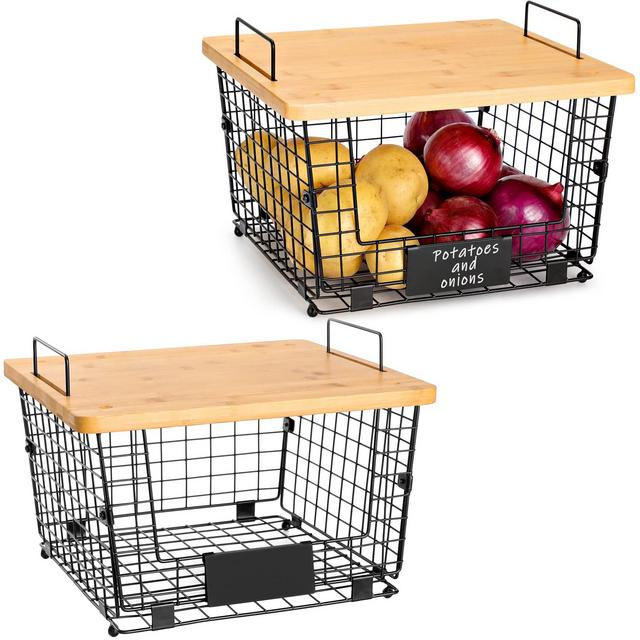 Kitchen Counter Basket with Bamboo Top - Set of 2