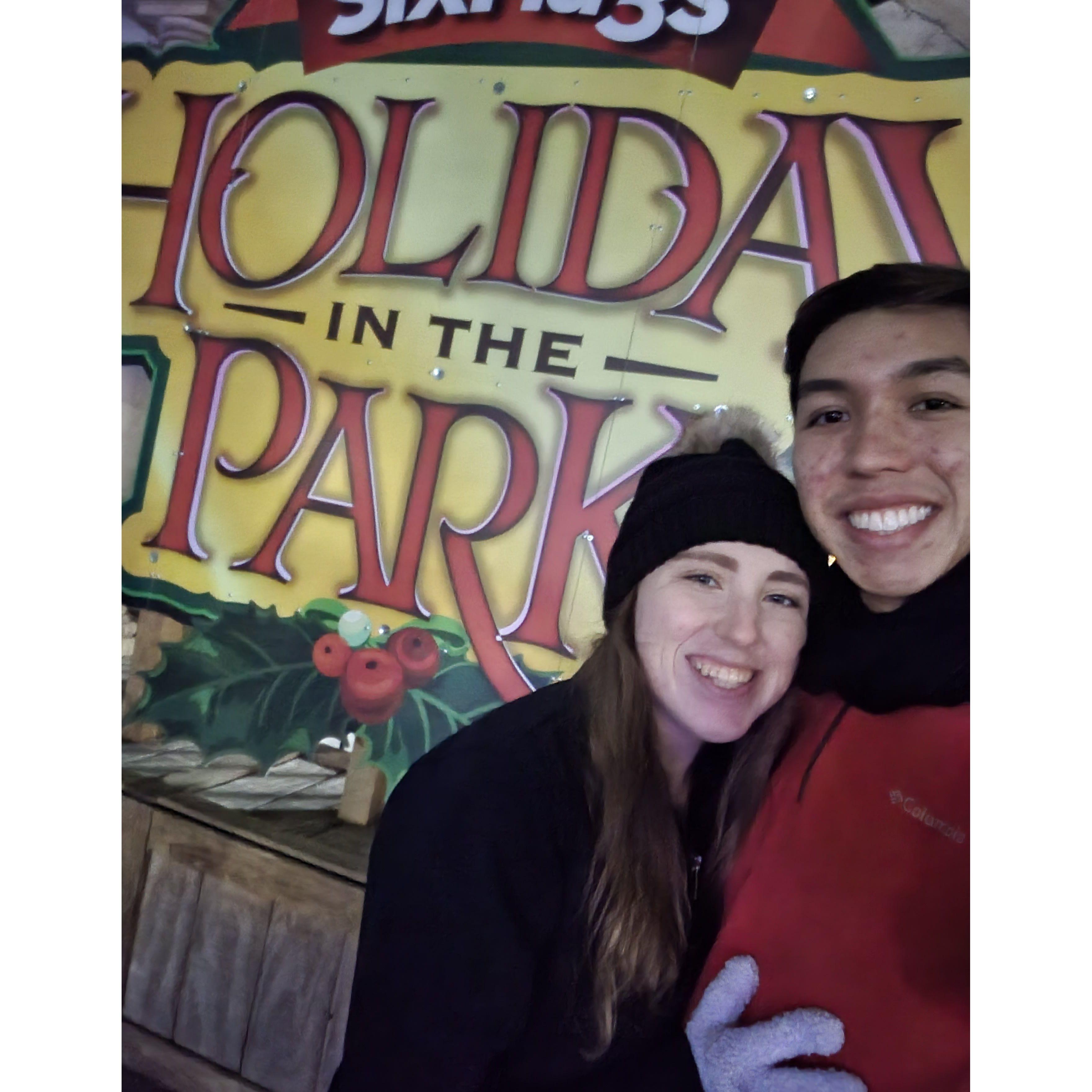 Holiday in the Park 2021! We almost left without a picture, so we snagged this one by the sign on the way out!