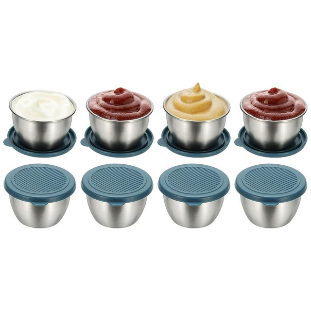 uxcell 8 Pack 2.8oz Stainless Steel Salad Dressing Containers with Silicone Lids, Reusable Dipping Sauces Cups, Leakproof Condiment Containers for Picnic Travel Kitchen, Blue