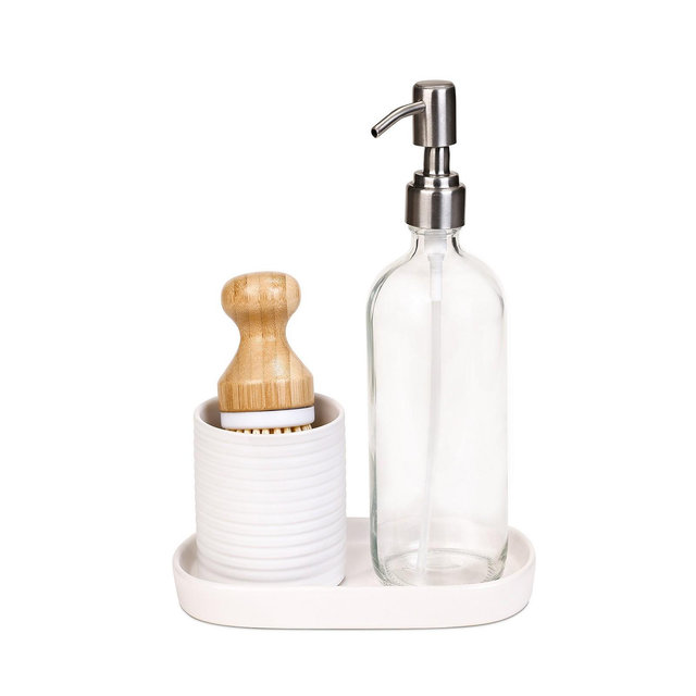 Smart Design Ceramic Soap Pump and Brush Set - 4 Pieces
