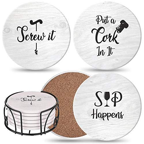 Funny Coasters for Drinks Absorbents with Holder - 6 Pcs Gift Set with 3 Funny Sayings for Wine Lovers - Ceramic Stone with Corked Back, Unique Present for Housewarming, Living Room Decor