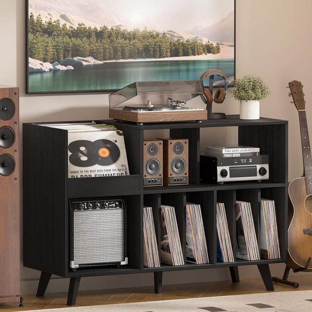 LELELINKY Large 48'' Record Player Stand with Storage, Vinyl Record Storage Holder with Display Area, Turntable Stand Record Player Table Holds Up to 450 Albums,Record Stand for Music Room Living Room