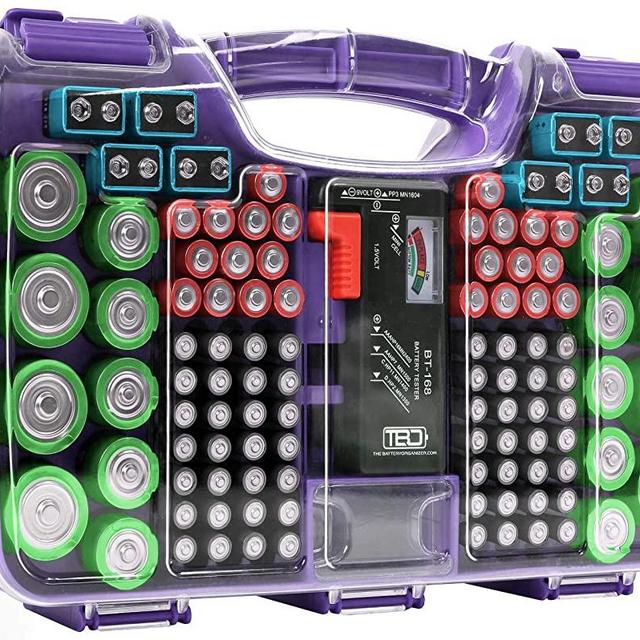Battery Storage Organizer, The Battery Organizer Storage Case with Tester, Clear Battery Case, Battery Holder for 180 Batteries of Various Sizes, Purple