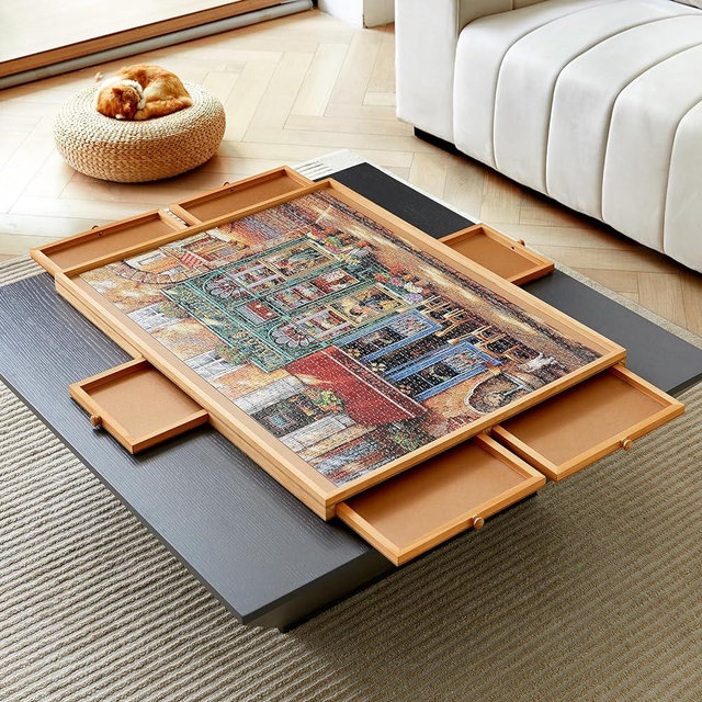 ENERIDIO Wooden Puzzle Table with 6 Drawers and Cover, Adult Portable Puzzle Board, 34 "x 26" Lazy Susan Rotating Puzzle Table, Used for Puzzle Storage and Sorting, can Hold 1500 Pieces