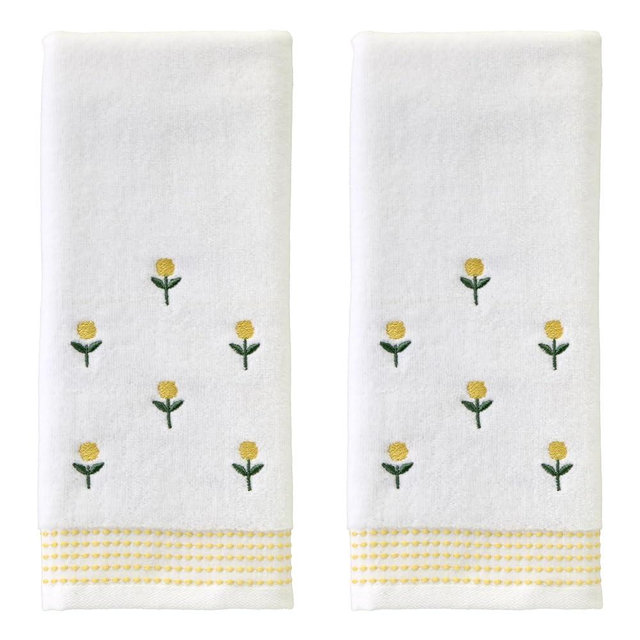 SKL Home Staggered Blossoms 100% Cotton Embroidered 2pc Hand Towel Set, Decorative for Bath/Kitchen/Bar & Gift, White