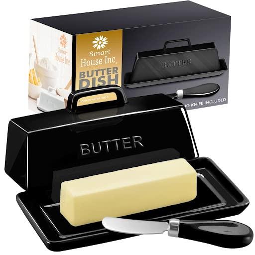 Ceramic Butter Dish Set with Lid and Knife -Black - Decorative Butter Stick Holder with Handle for 1 Stick of Butter - Microwave Safe, Dishwasher Safe - Anti-Scratch Stickers Included