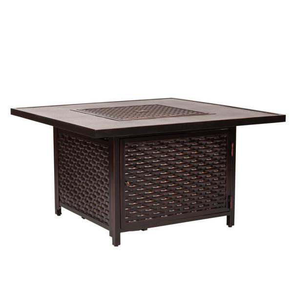 44in Square Fire Table with Glass Wind Guard, Cover and Table Lid in Bronze Finish