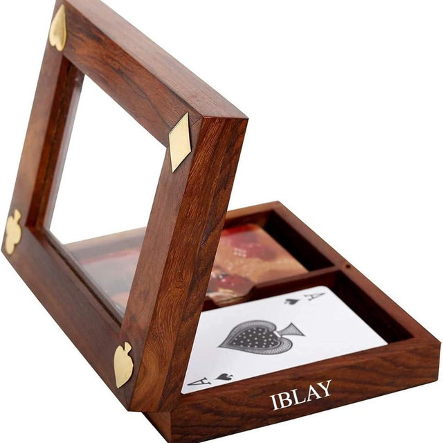 IBLAY Handmade Wooden Playing Card Holder Box -See Through Playing Cards Case