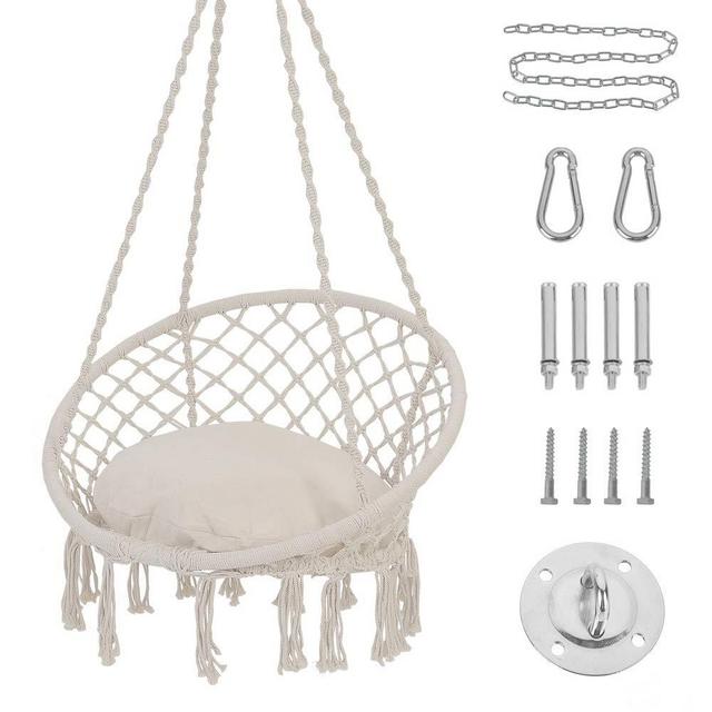 Patio Watcher Hammock Chair Macrame Swing with Cushion and Hanging Hardware Kits, Handmade Knitted Mesh Rope Swing Chair for Indoor, Outdoor, Home, Bedroom, Patio, Yard，Deck, Garden