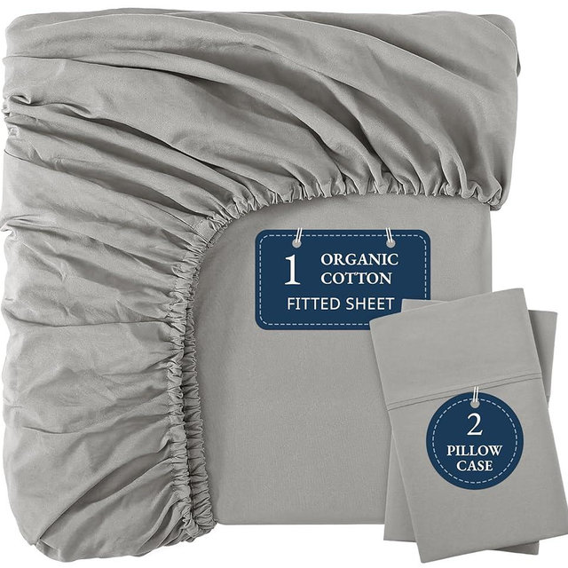 LANE LINEN 100% Organic Cotton Fitted Sheet Queen, Fully Elasticized Soft & Comfy Sustainably Produced Oeko-Tex Certified Snug Fit Deep Pocket 15" Fitted Sheet Only (+Pillowcases) -Silver