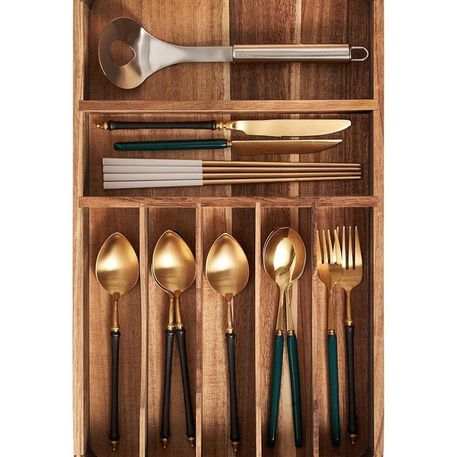 blossome better addition to better life Silverware Drawer Organizer, Acacia Wood Tray for Cutlery & Flatware | Fixed 10.5" Wide, 7-Compartment Utensil Holder for Forks & Spoons