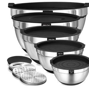Umite Chef Mixing Bowls with Airtight Lids, 8PCS Stainless Steel Nesting Mixing Bowls Set, 3 Grater Attachments & Non-Slip Bottoms, Black Kitchen Bowls, Size 5, 4, 3.5, 2, 1.5QT for Baking & Serving