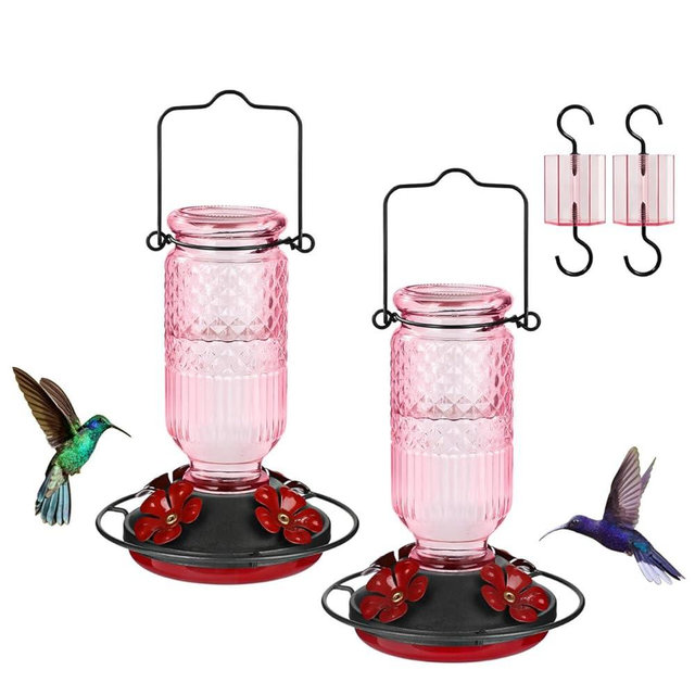 FEED GARDEN Glass Hummingbird Feeder for Outdoors Hanging, 16 OZ Humming Bird Feeders with 4 Bee Guard Feeding Ports & Built-in Ant Moat, Hummingbird Gifts for Mom Bird Feeder for Outside, Pink,2 Pack