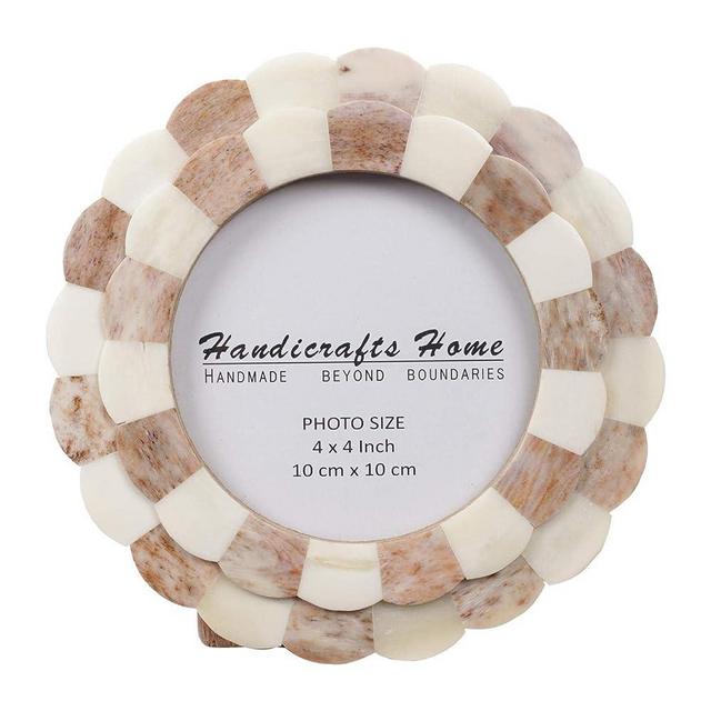 Handicrafts Home Photo Picture Frame - 4" x 4", Round Handmade Gift Photo Frames - Brown & White