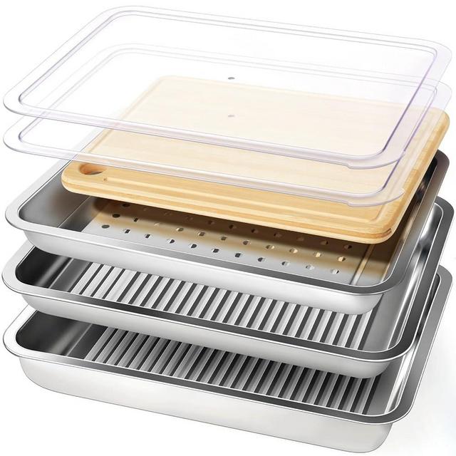 QIZHENXX Grilling Prep and Serve Trays, Stainless Steel Large Capacity Food Prep Tray, Grill Carry System, Marinade Container with Lid and Cutting Board, BBQ Grill Accessories, Grilling Gifts for Men