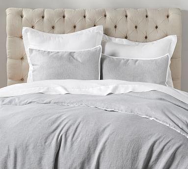Belgian Flax Linen Contrast Flange Duvet Cover & Sham - Smoke