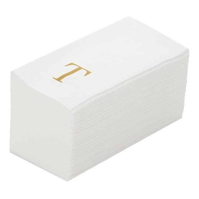 Luxenap 15.8 X 7.9 Inch Linen-Feel Guest Towels, 50 Lettered Hand Towels - Gold Letter 'T', Sans Serif Font, White Paper Dinner Napkins, airlaid, For Restrooms And Tables