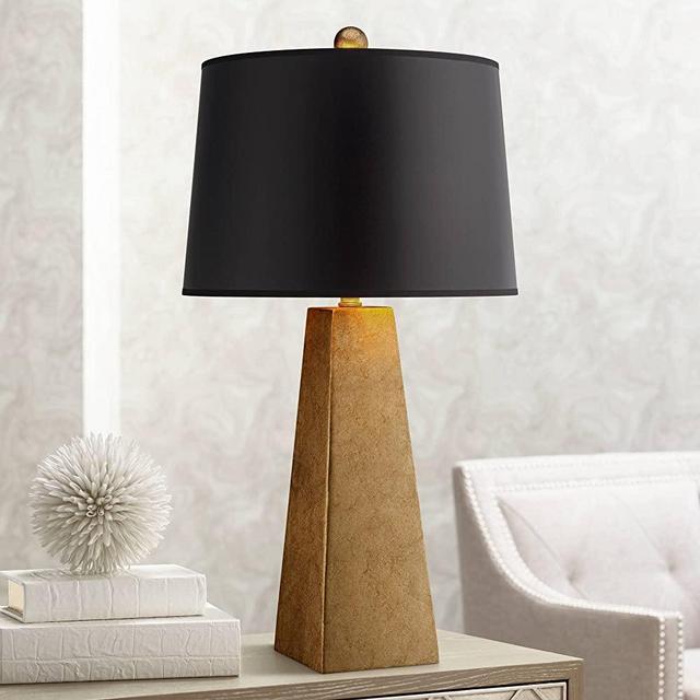 Modern Contemporary Luxury Style Table Lamp Obelisk Gold Foil Black Paper Drum Shade Decor for Living Room Bedroom House Bedside Nightstand Home Office Reading Entryway Family - Possini Euro Design
