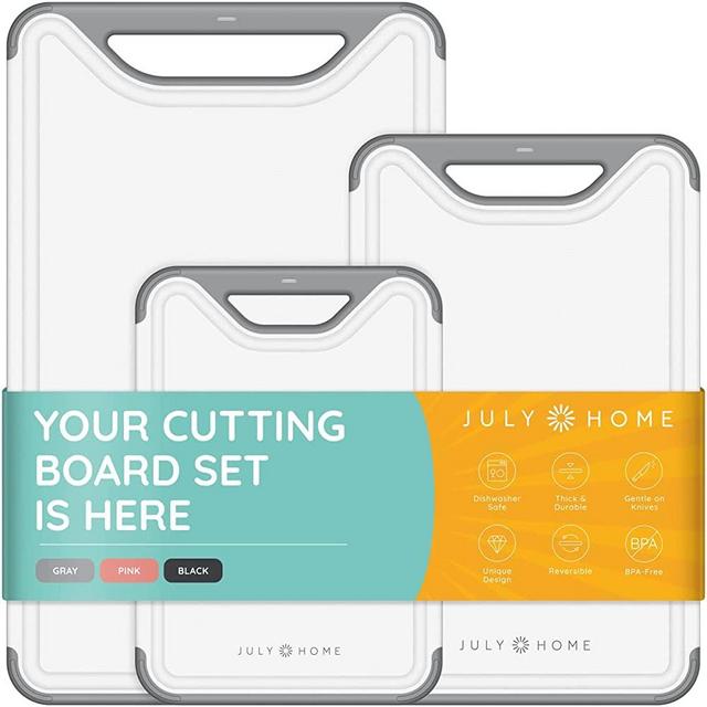 Cutting Boards for Kitchen - Plastic Cutting Board Set of 3, Dishwasher Safe Cutting Boards with Juice Grooves, Thick Chopping Boards for Meat, Veggies, Fruits, Easy Grip Handle, Non-Slip (Gray)