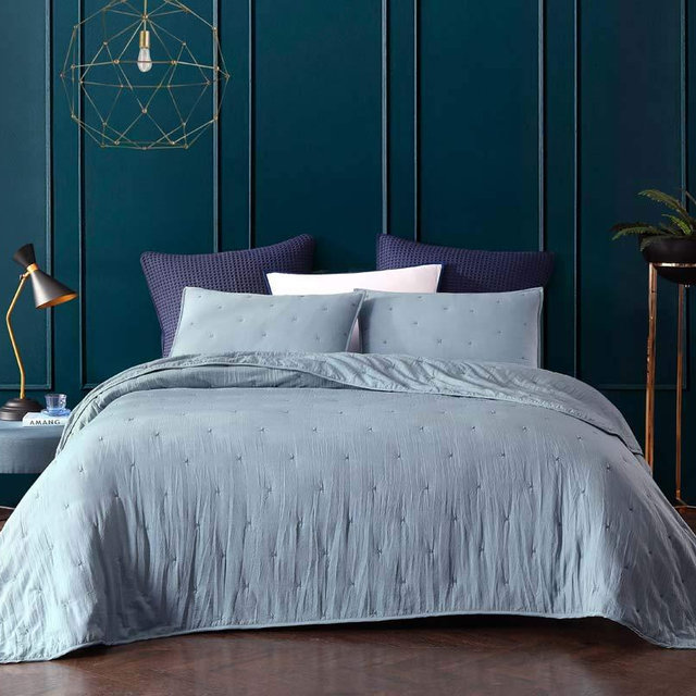 Bourina Reversible Quilt Coverlet Set Queen - Pre-Washed Microfiber Ultra Soft Lightweight Star Quilted Bedspread 3-Piece Quilt Set, Blue