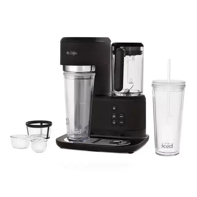 Mr. Coffee Frappe Single-Serve Iced and Hot Coffee Maker/Blender with 2 Reusable Tumblers and Coffee Filter - Black