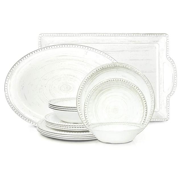 Zak Designs French Country House Melamine 14 Piece Dinnerware Set Includes Dinner, Salad Plates, Bowls, Serving Platter and Tray (Lavage Oyster)