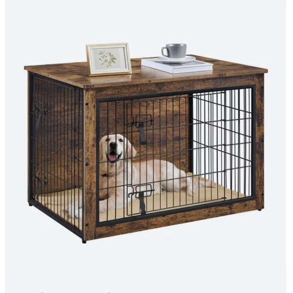 Yaheetech Industrial Wooden Dog Crate with Cushion, 38-in