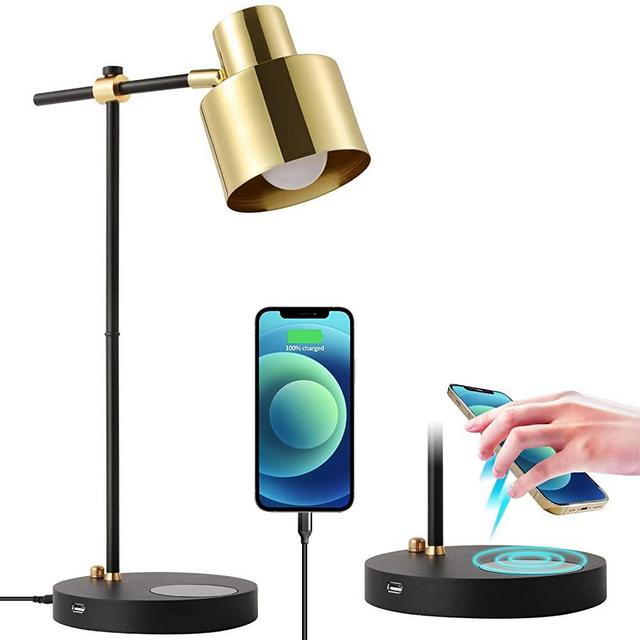 Betsy Modern LED Table Lamp, Desk Lamp with Wireless Charger and USB Ports, Mid Century Modern Reading Lamp for Bedroom, Living Room, Office, LED Bulb Included (Gold, Flat)