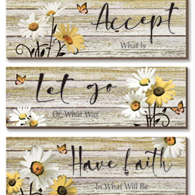 ZINYAZHE 3 Pcs Farmhouse Bathroom Wall Art - Daisy Floral Flowers and Butterfly Yellow Bathroom Wall Decor - Rustic Wood Plaque for Home Laundry (12x4 Inch)
