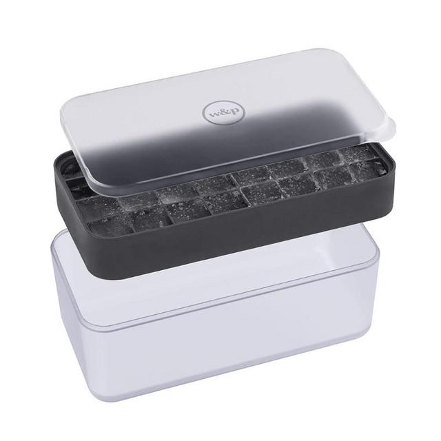 W&P Ice Box Silicone Ice Cube Tray with Lid & Bin, Holds 96 Cubes, Easy Release, Space-Saving Stackable Design, Dishwasher Safe, Charcoal