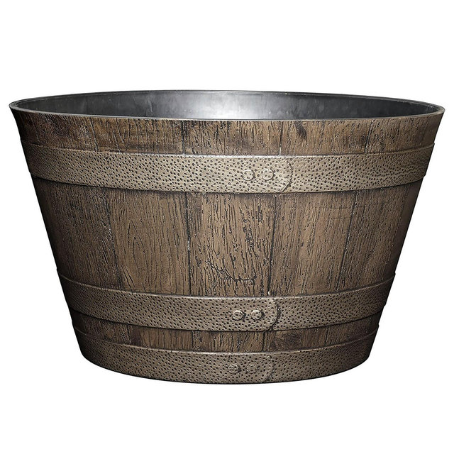 Classic Home and Garden Indoor/Outdoor Round Whiskey Resin Flower Pot Barrel Planter, Oak Brown, 20.5in